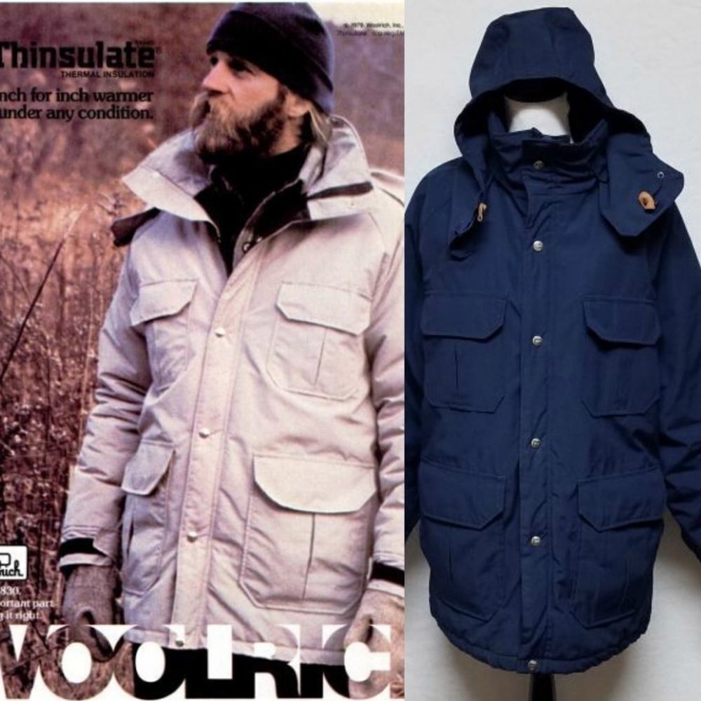 𝅺VINTAGE 1970s Woolrich 60/40 Navy Wool Thinsulate Hooded Puffer Parka Coat